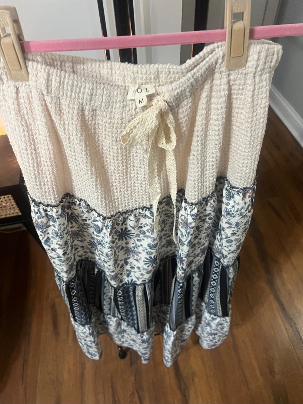 POL Cream Maxi Skirt with Navy Floral and Stripe Panels